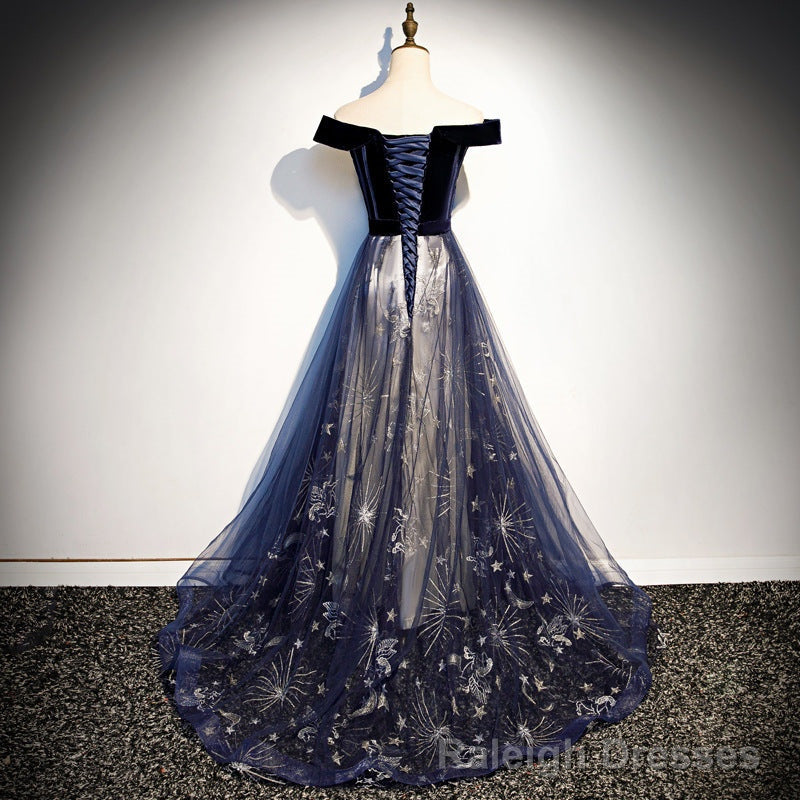 Navy Blue Tulle Off Shoulder Velvet Top Long Prom Dress, Blue Prom Dress