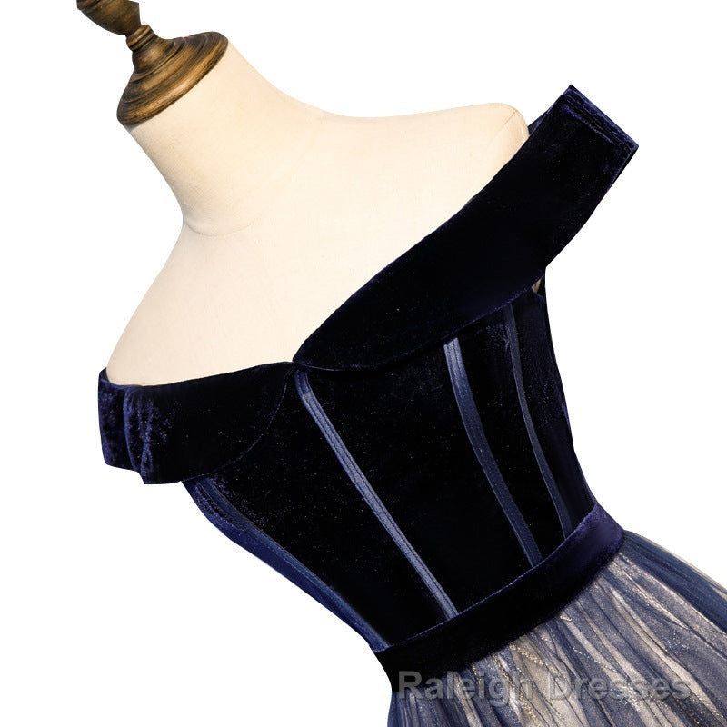 Navy Blue Tulle Off Shoulder Velvet Top Long Prom Dress, Blue Prom Dress
