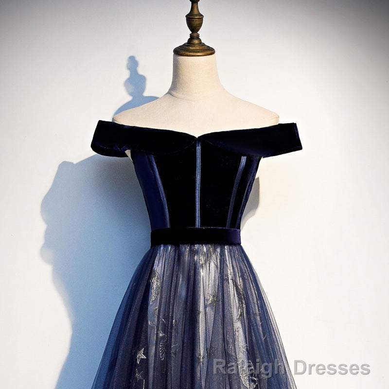 Navy Blue Tulle Off Shoulder Velvet Top Long Prom Dress, Blue Prom Dress