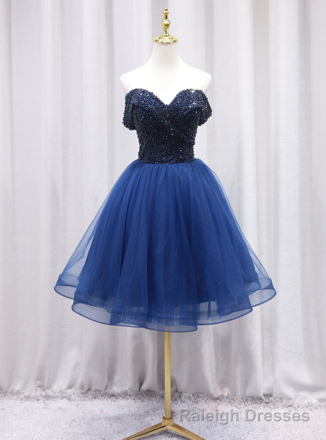 Navy Blue Tulle Off the Shoulder Beading Homecoming Dress Main image