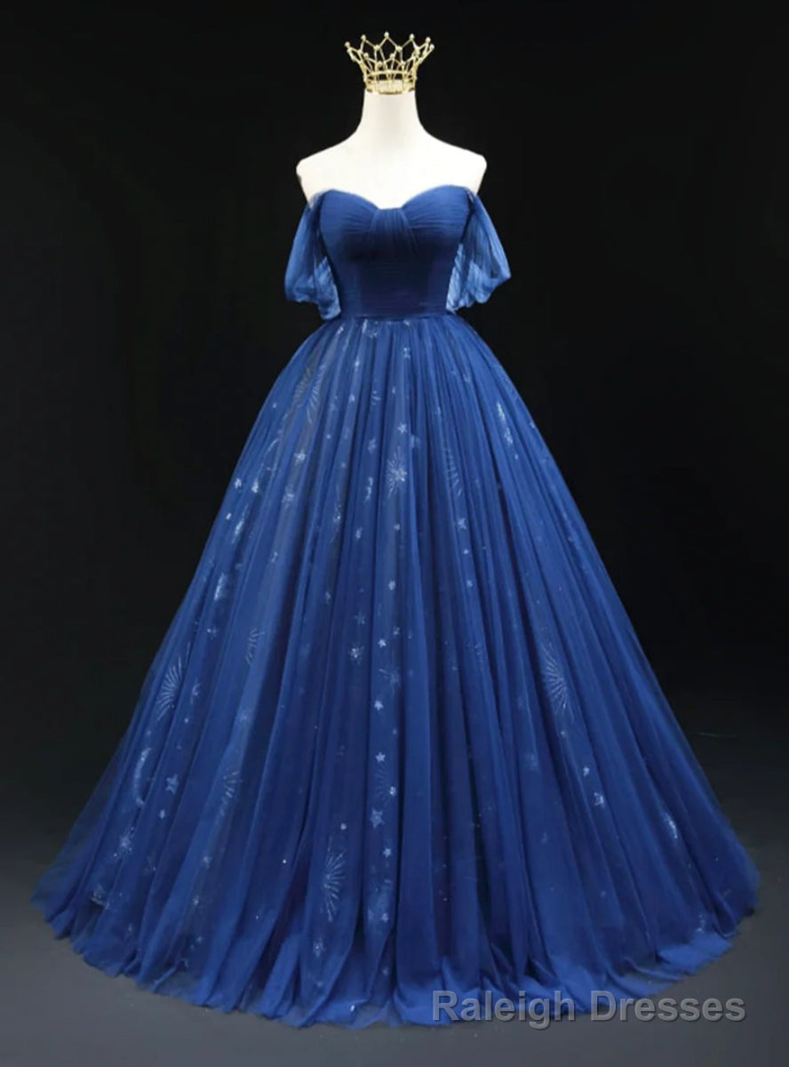 Navy Blue Tulle Off the Shoulder Pleats Prom Dress