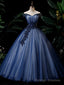 Navy Blue Tulle Off The Shoulder Sequins Beading Quinceanera Dress
