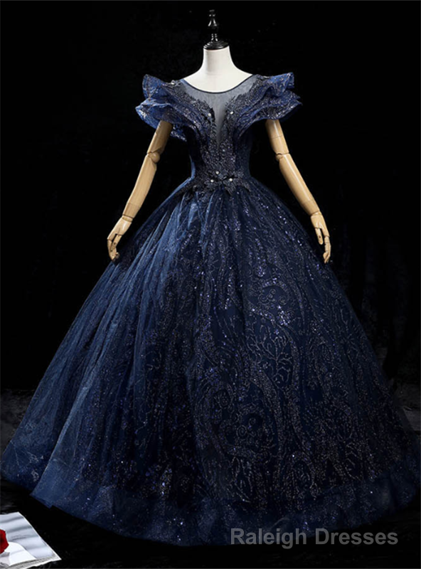 Navy Blue Tulle Sequins Appliques Quinceanera Dress Main image