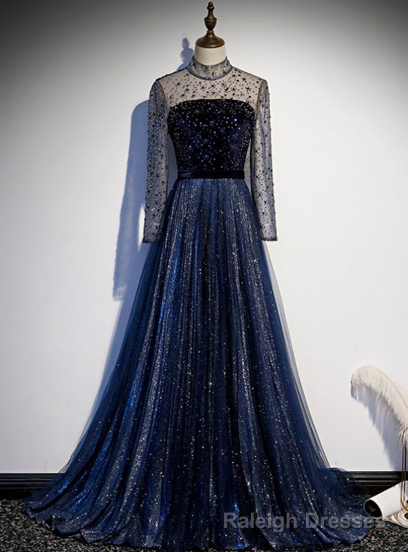 Navy Blue Tulle Sequins High Neck Long SLeeve Beading Prom Dress Main image