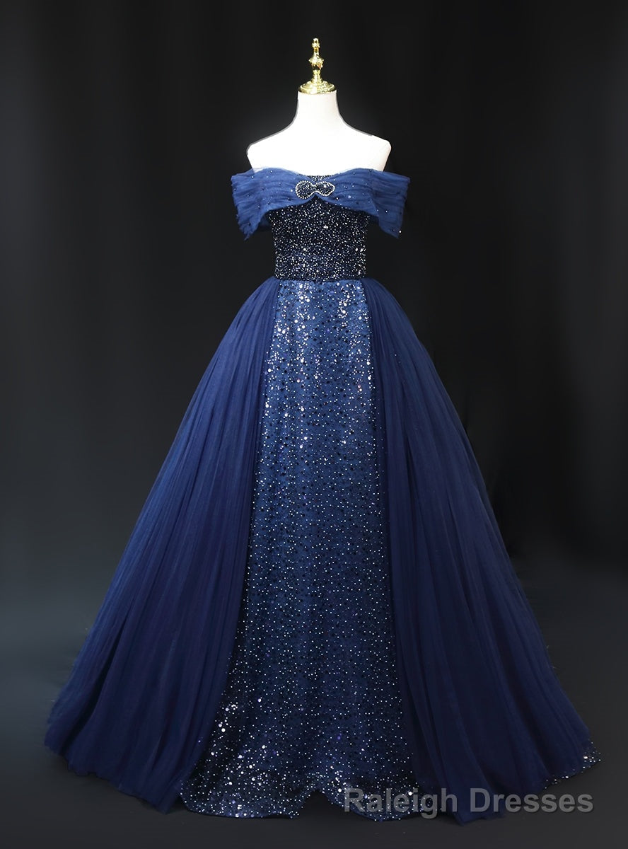 Navy Blue Tulle Sequins Off the Shoulder Beading Prom Dress Main image