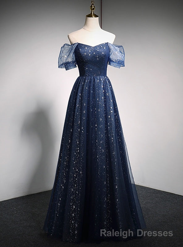 Navy Blue Tulle Sequins Off the Shoulder Puff Sleeve Prom Dress Main image