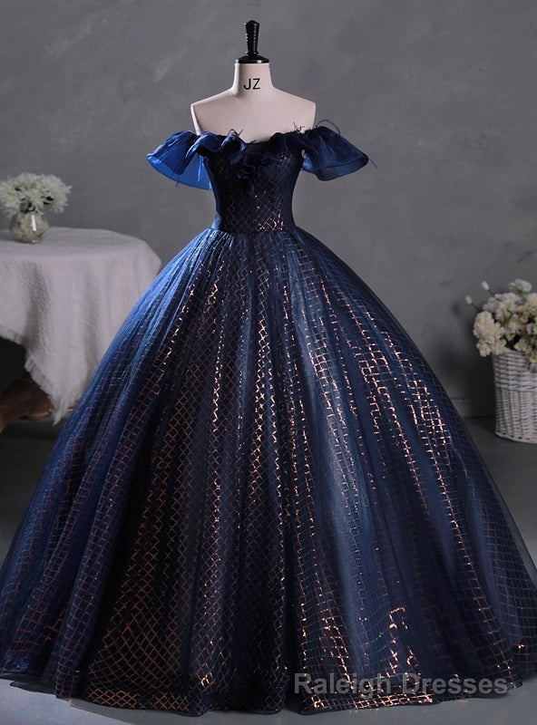 Navy Blue Tulle Sequins Off the Shoulder Quinceanera Dress Main image