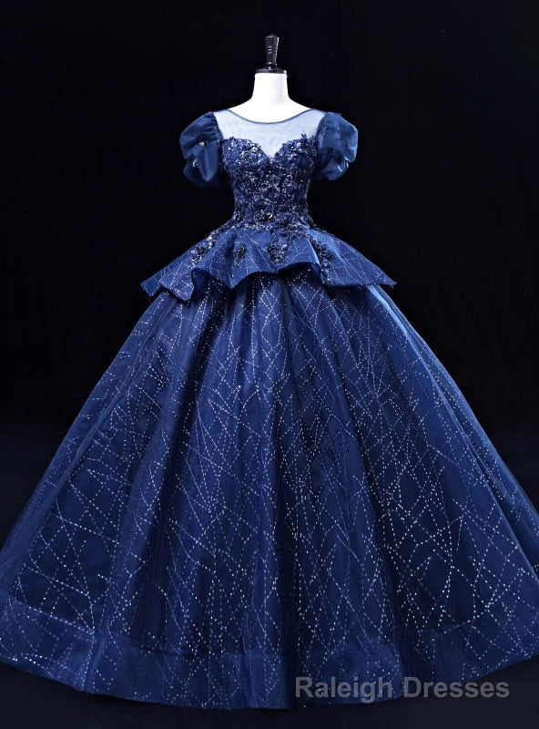 Navy Blue Tulle Sequins Puff Sleeve Appliques Quinceanera Dress