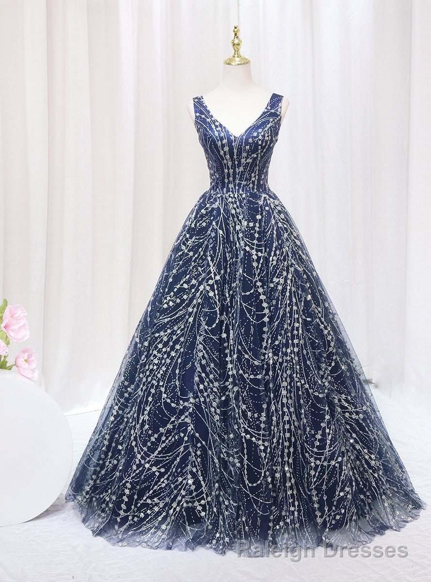 Navy Blue Tulle Sequins V-neck Prom Dress Main image