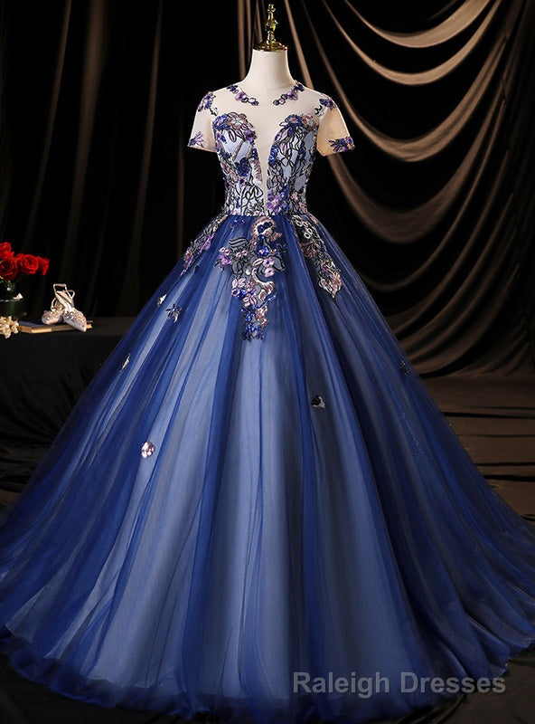 Navy Blue Tulle Short Sleeve Backless Quinceanera Dress