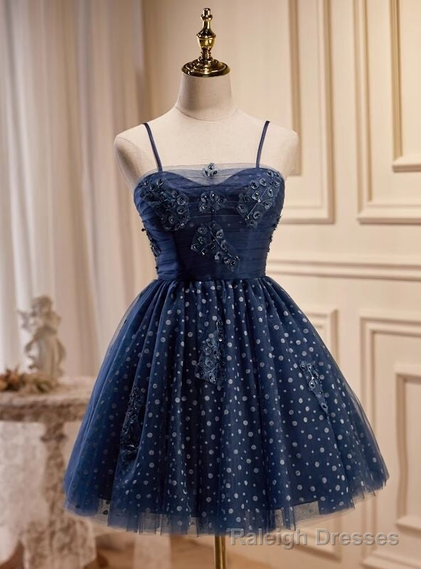 Navy Blue Tulle Spaghetti Straps Beading Homecoming Dress Main image