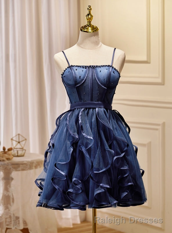 Navy Blue Tulle Spaghetti Straps Pearls Homecoming Dress Main image