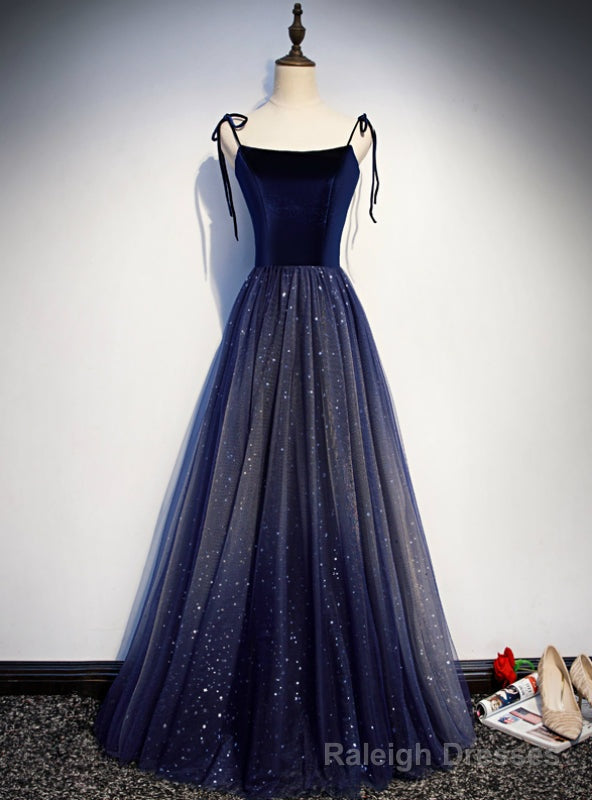 Navy Blue Tulle Spaghetti Straps Sequins Prom Dress Main image
