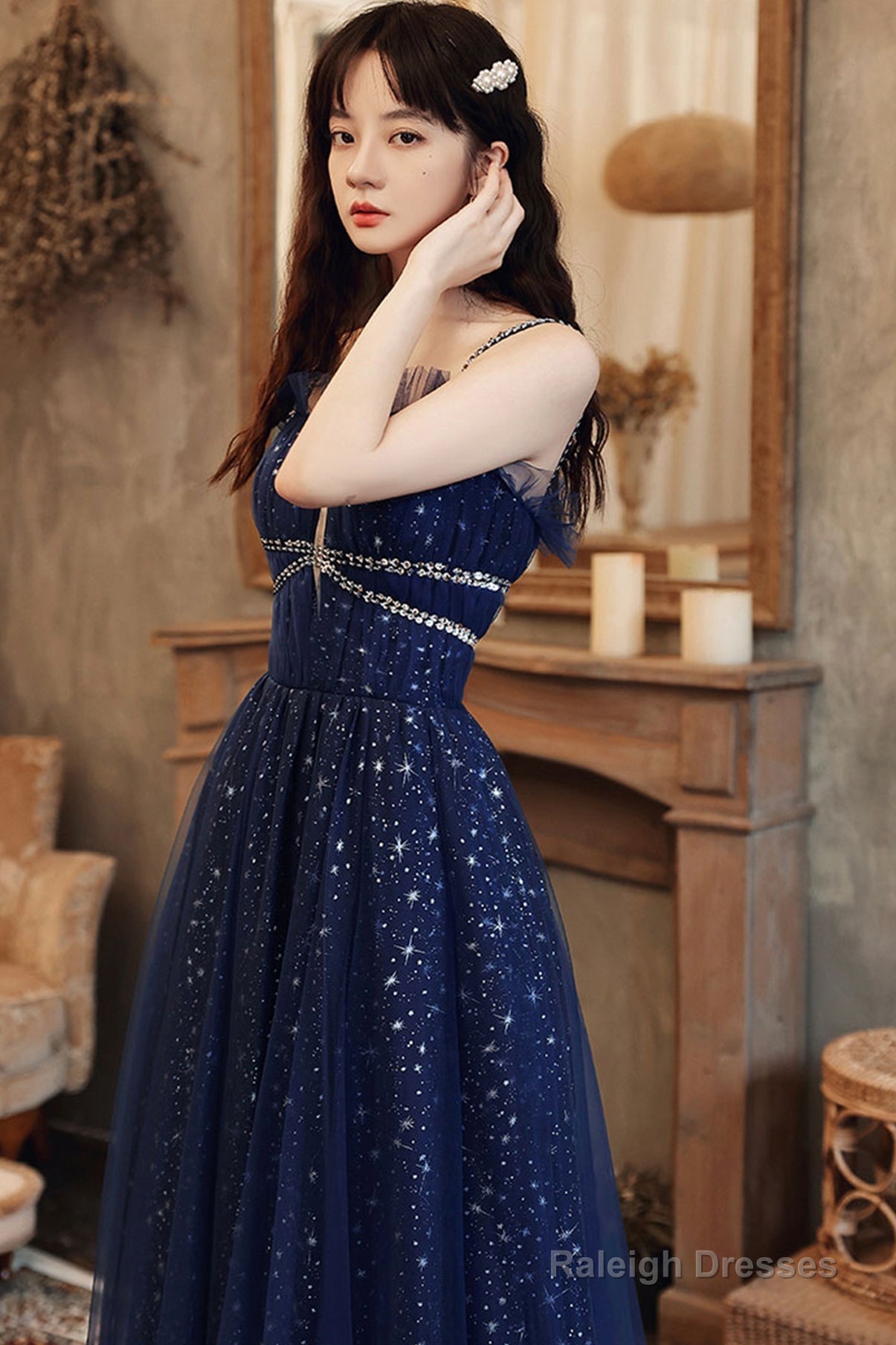 Navy Blue Tulle Straps Beaded Long Formal Dress, A-Line Blue Evening Dress Secondary image