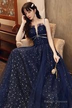 Navy Blue Tulle Straps Beaded Long Formal Dress, A-Line Blue Evening Dress