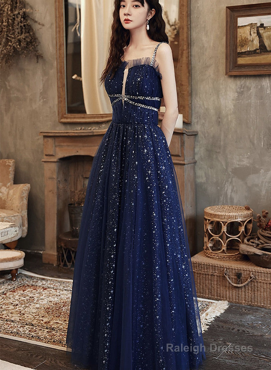 Navy Blue Tulle Straps Beaded Long Formal Dress, A-Line Blue Evening Dress Main image