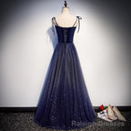 Navy Blue Tulle Straps Long Velvet Prom Dress, Blue Prom Dress