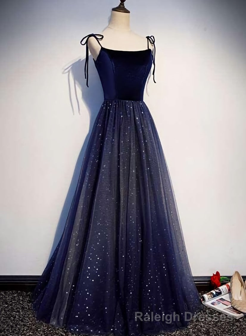Navy Blue Tulle Straps Long Velvet Prom Dress, Blue Prom Dress