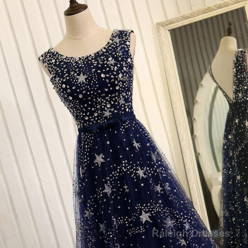 Navy Blue Tulle V Back Long Prom Dresses Blue A-Line Bridesmaid Dress Secondary image