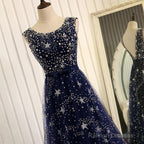 Navy Blue Tulle V Back Long Prom Dresses Blue A-Line Bridesmaid Dress