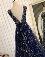Navy Blue Tulle V Back Long Prom Dresses Blue A-Line Bridesmaid Dress