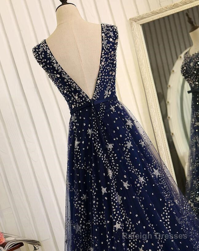 Navy Blue Tulle V Back Long Prom Dresses Blue A-Line Bridesmaid Dress