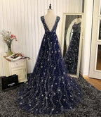 Navy Blue Tulle V Back Long Prom Dresses Blue A-Line Bridesmaid Dress