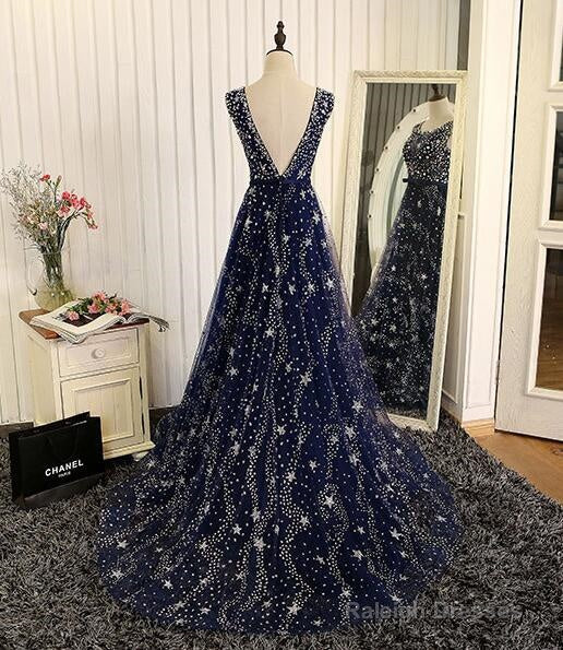 Navy Blue Tulle V Back Long Prom Dresses Blue A-Line Bridesmaid Dress