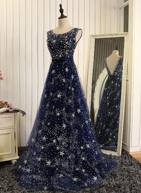 Navy Blue Tulle V Back Long Party Dress Prom Dresses, Blue A-Line Bridesmaid Dresses Main image