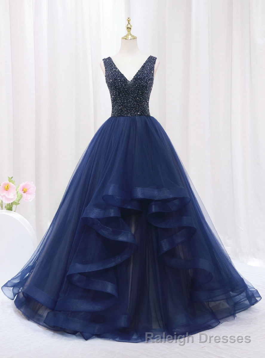 Navy Blue Tulle V Neck Beading Prom Dresses Main image