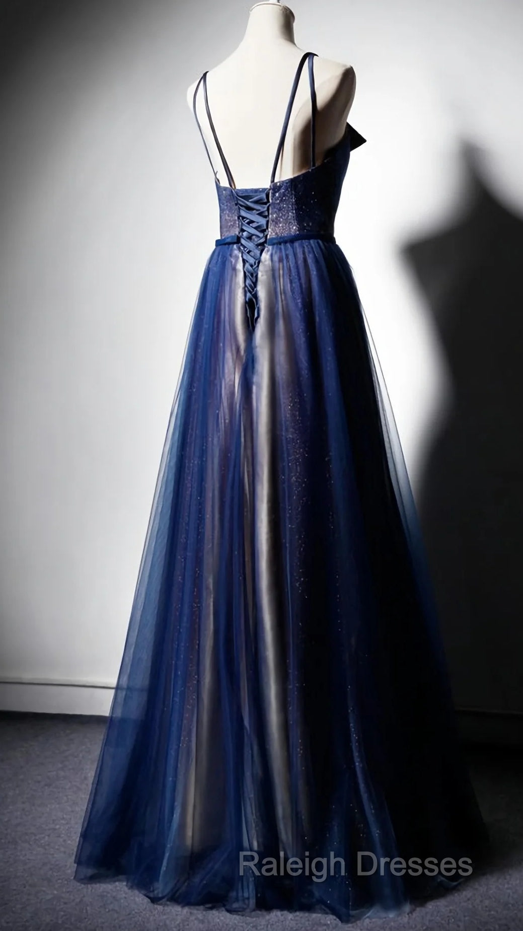Navy Blue Tulle V Neck Long Women Prom Dress, Lace Up Evening Dress Secondary image