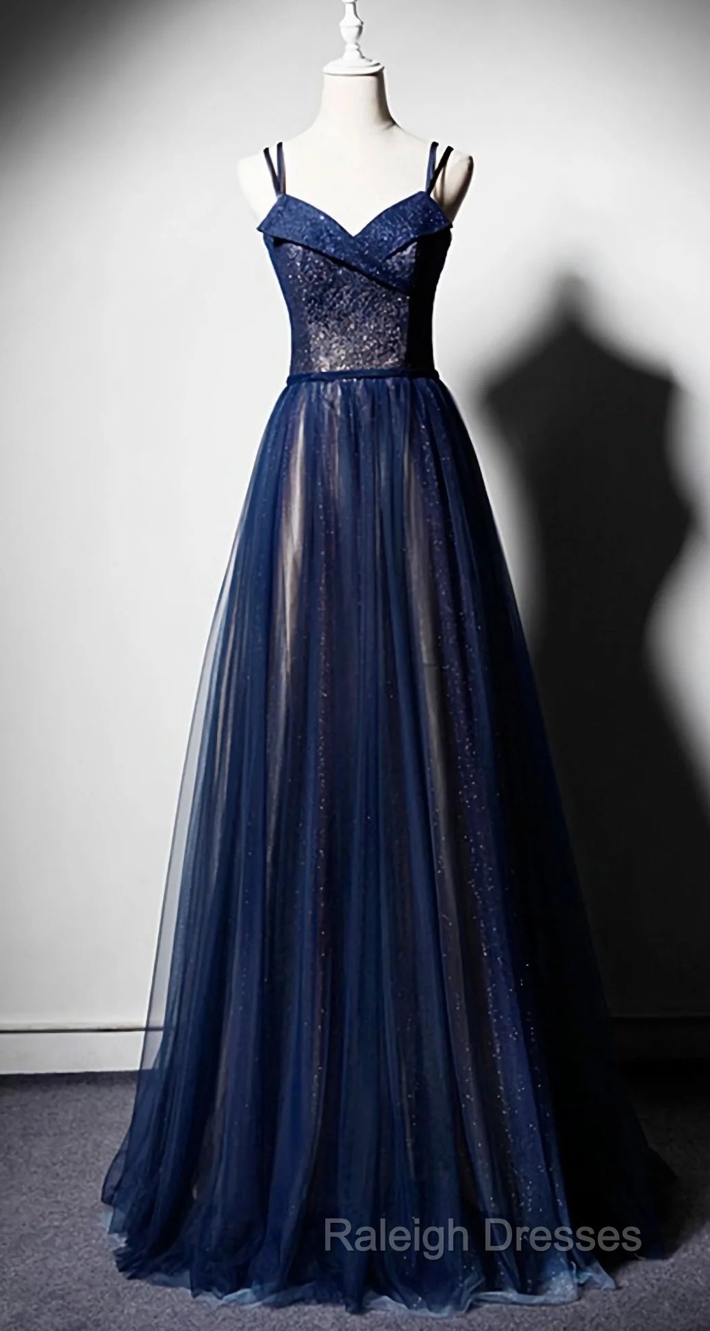 Navy Blue Tulle V Neck Long Women Prom Dress, Lace Up Evening Dress