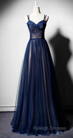 Navy Blue Tulle V Neck Long Women Prom Dresses Lace Up Prom Dresses
