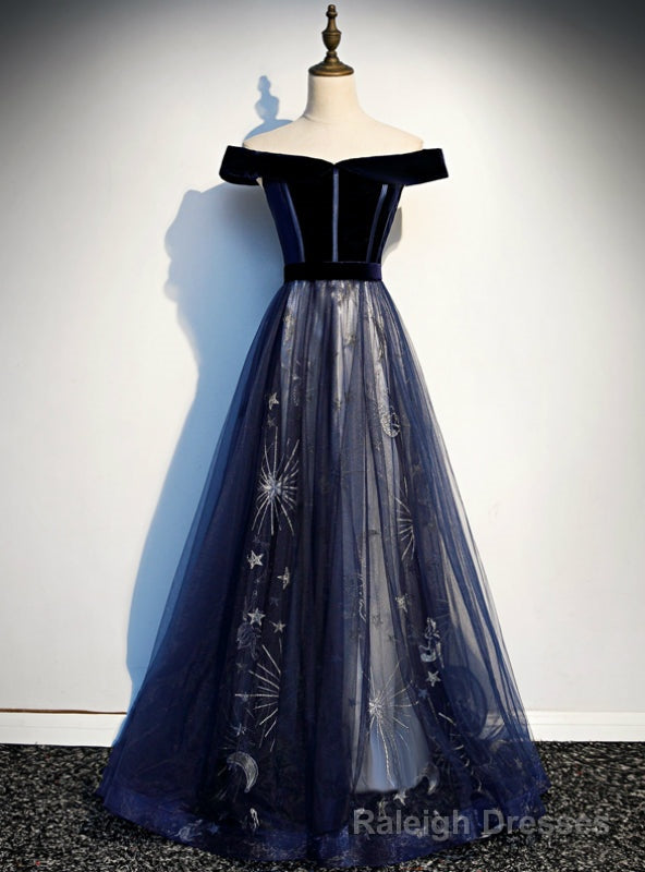 Navy Blue Tulle Velvet Off the Shoulder Prom Dress Main image