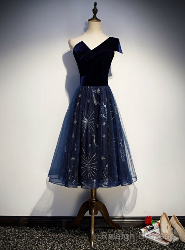 Navy Blue Tulle Velvet One Shoulder Tea Length Prom Dress Main image
