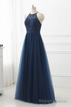 Navy Blue Tulle with Lace Applique Long Party Dress, Blue Prom Dress