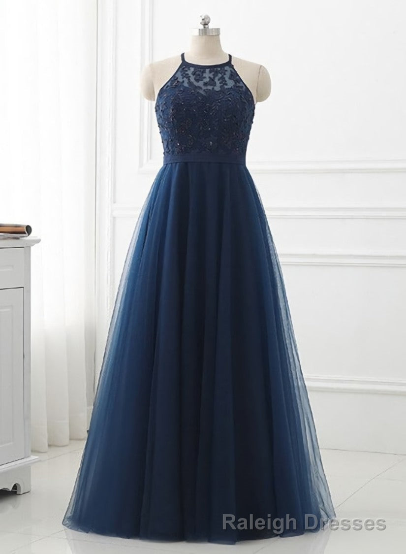 Navy Blue Tulle with Lace Applique Long Prom Dress, Blue Prom Dress Secondary image