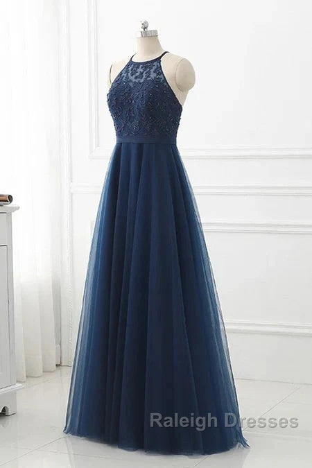 Navy Blue Tulle With Lace Applique Long Prom Dresseses Sleeveless Elegant Secondary image
