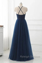 Navy Blue Tulle With Lace Applique Long Prom Dresseses Sleeveless Elegant