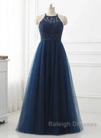 Navy Blue Tulle With Lace Applique Long Party Dress Prom Dress Sleeveless Elegant