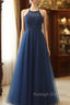 Navy Blue Tulle With Lace Applique Long Prom Dresseses Sleeveless Elegant