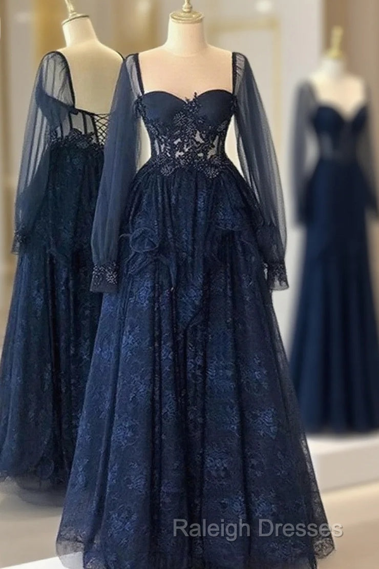 Navy Blue Tulle With Lace Long Sleeves Prom Dresses Navy Blue Prom Dresses Main image