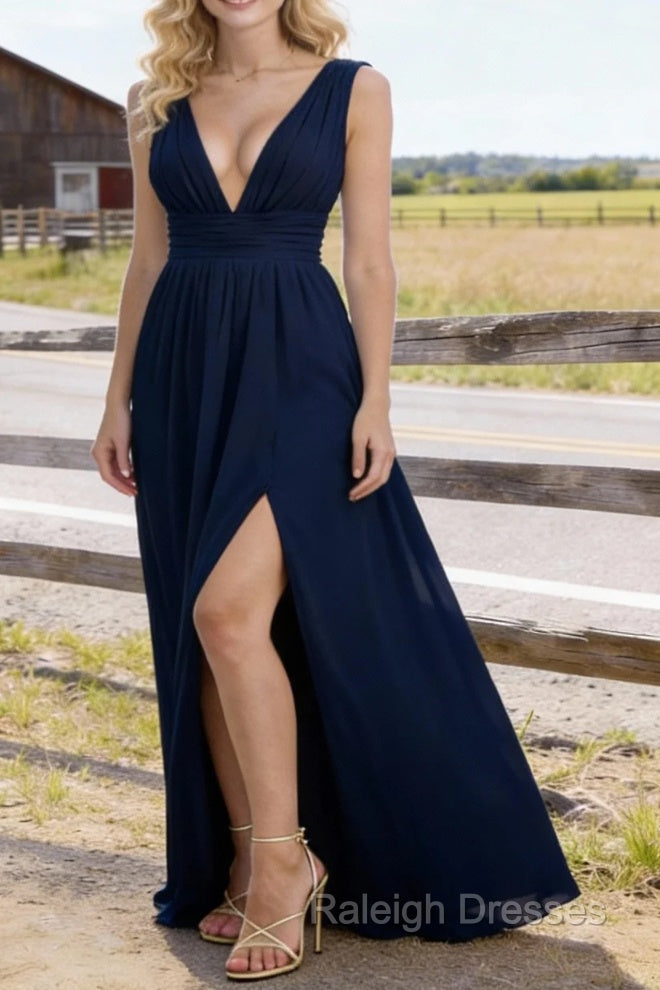 Navy Blue V Neck Chiffon Floor Length Bridesmaid Dress Long Bridesmaid Dresses With Pleated Split Main image