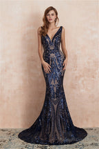 V-Neck Sequins Mermaid Sleeveless Lace-up Prom Dresses