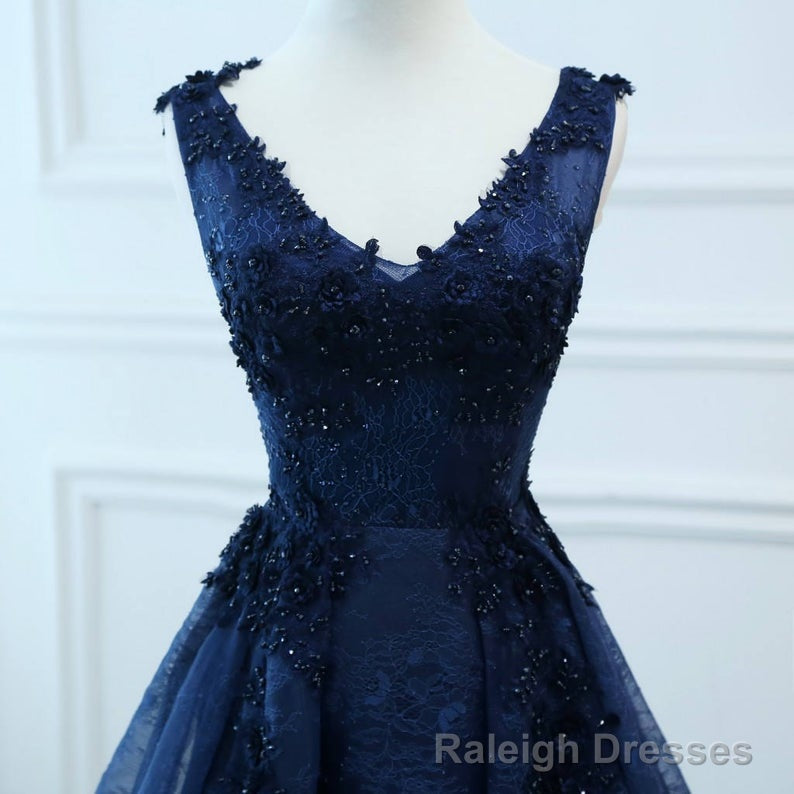 Navy Blue V-neckline Lace Long Party Dress with Flowers, Blue V-neckline Prom Dress