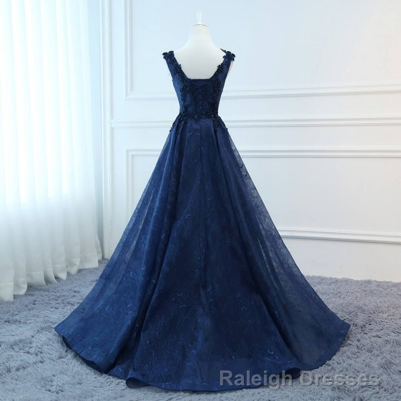 Navy Blue V Neckline Lace Long Prom Dress with Flowers, Blue V Neckline Prom Dress