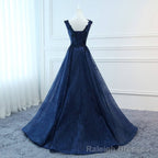Navy Blue V-neckline Lace Long Party Dress with Flowers, Blue V-neckline Prom Dress