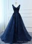 Navy Blue V-neckline Lace Long Party Dress with Flowers, Blue V-neckline Prom Dress