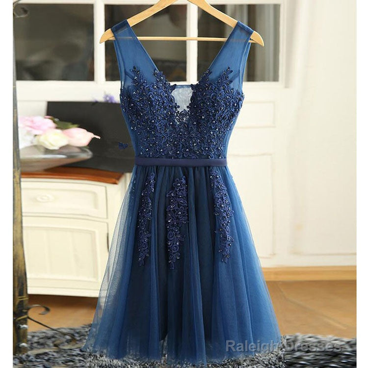 Navy Blue V-Neckline Tulle With Lace Applique Short Prom Dresses, Blue Bridesmaid Dresses Secondary image