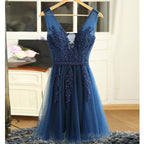 Navy Blue V-Neckline Tulle With Lace Applique Short Prom Dresses, Blue Bridesmaid Dresses